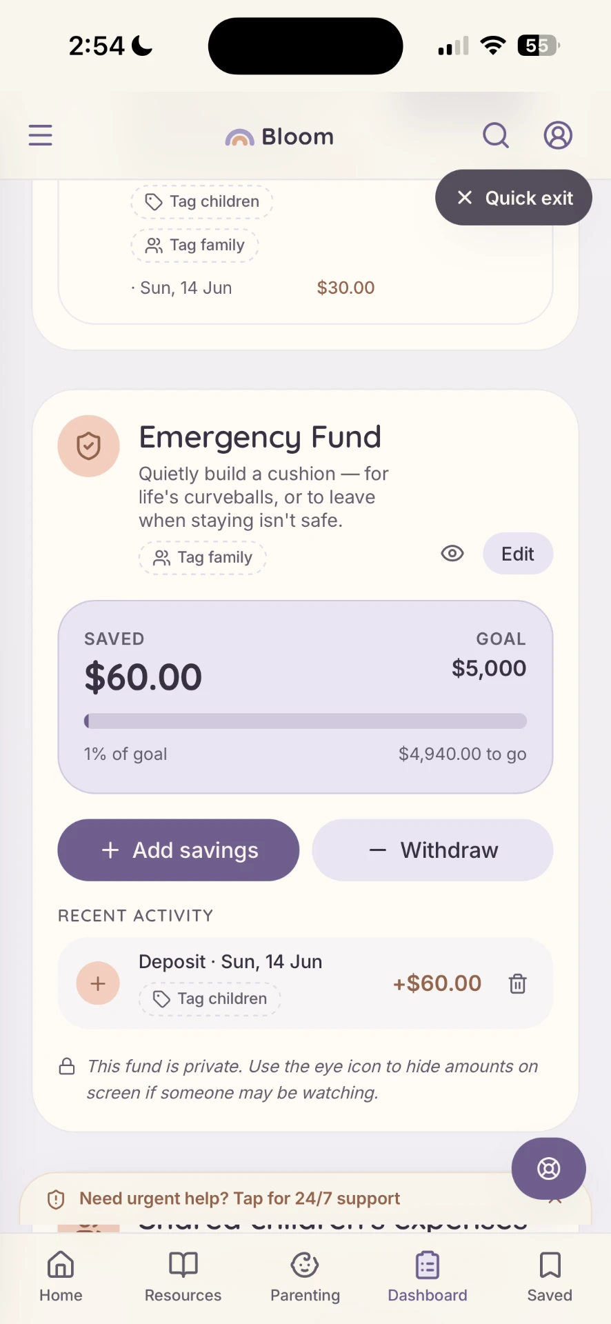 Bloom emergency fund screen showing savings progress towards a goal