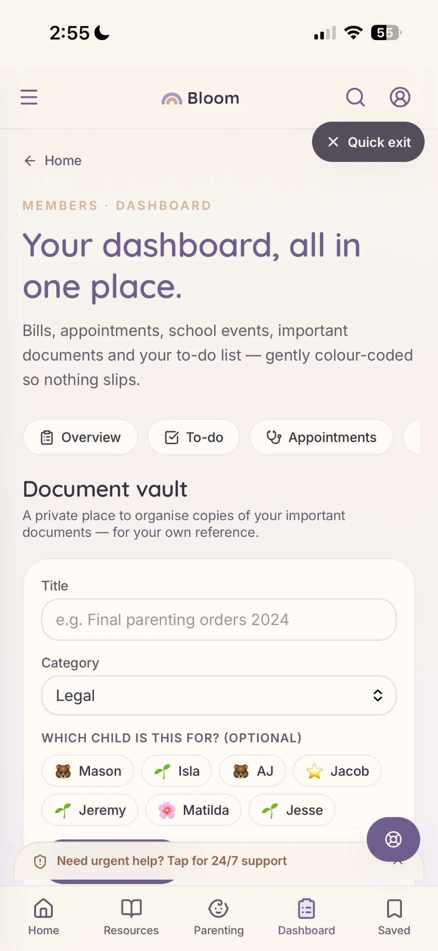 Bloom document vault screen for storing legal and school documents privately